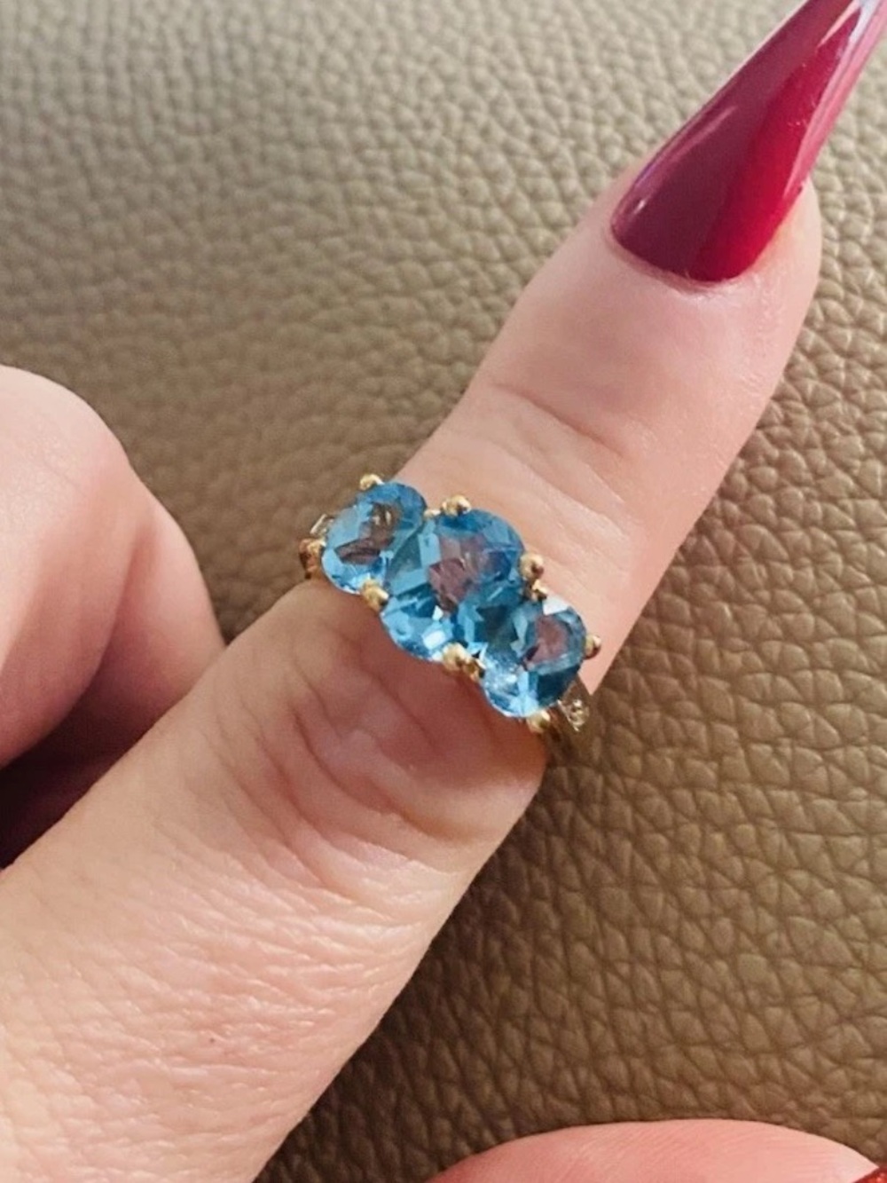 Vintage Leer Gem Limited LGL 3 Stone Blue Topaz Rhinestone 10k Gold Ring Size 7